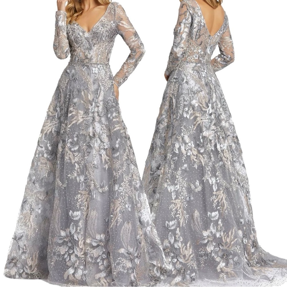 Mac Duggal Long Sleeve Beaded Applique Gown - Picture 1 of 13